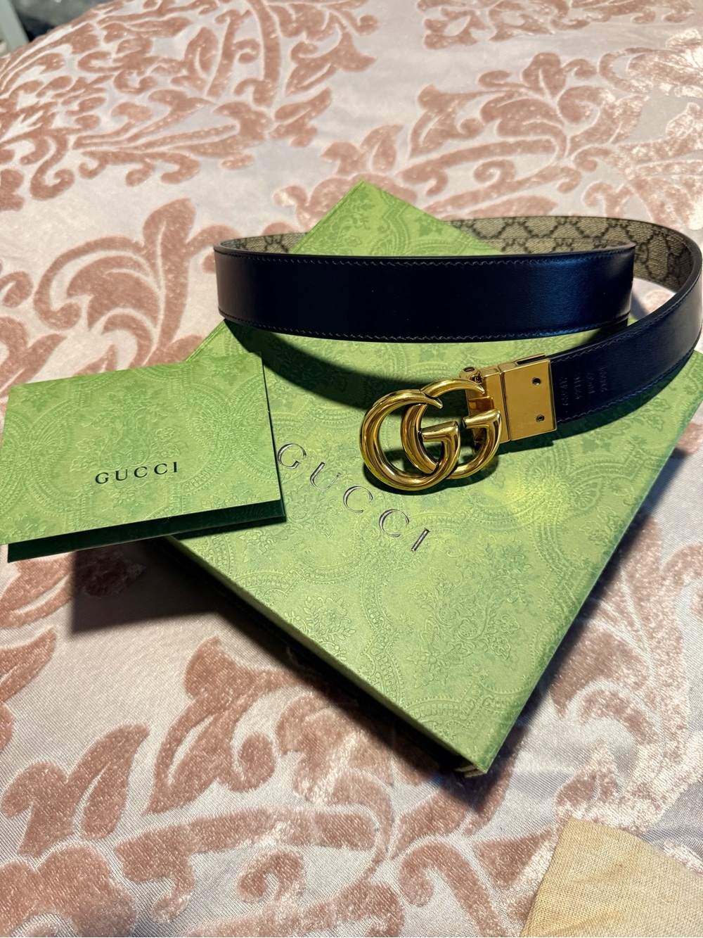 Gucci GG Monogram Reversible Belt with Gold Double G Buckle - Beige/Black - Picture 3 of 7
